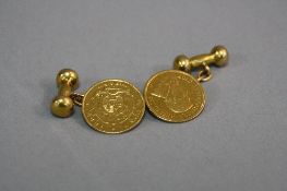 TWO 1897 HALF KRUGER POND COINS, which have been converted to a pair of cufflinks, chain and T bar