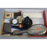 A TRAY OF MIXED ITEMS, together with a silver pocket watch, silver cigarette case, prayer book,