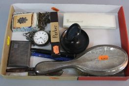 A TRAY OF MIXED ITEMS, together with a silver pocket watch, silver cigarette case, prayer book,