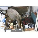 A LARGE COPPER TRAY, case of sunglasses, jewellery box, cased and loose, other metal ware, etc