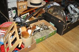 FIVE BOXES OF HOUSEHOLD SUNDRIES, including cutlery, board games, assorted metal wares, kitchenalia,