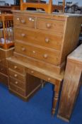 A PINE CHEST, of two short and two long drawers and a pine desk with five drawers (sd) (2)
