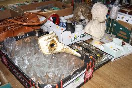 A BOX OF GLASSWARE AND A BOX OF CERAMICS, etc, an Italian bird beak mask, tray of bead pattern