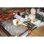 A BOX OF GLASSWARE AND A BOX OF CERAMICS, etc, an Italian bird beak mask, tray of bead pattern