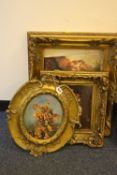 THREE GILT FRAMED REPRODUCTION CERAMIC PLAQUES, printed with flower fairies, putti and a scene of