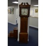 A GEORGIAN OAK, MAHOGANY AND INLAID LONGCASE CLOCK, 8 day movement, overpainted clock face, Roman