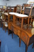 A MODERN MAHOGANY PEDESTAL TABLE, one extra leaf, six chairs including two carvers and a matching