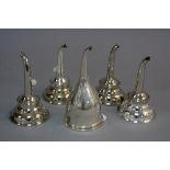 FIVE GEORGE III STYLE EPNS WINE FUNNELS, all fitted with clips and removable sieves (5)