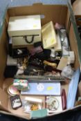 A BOX OF MISCELLANEOUS COSTUME JEWELLERY, etc