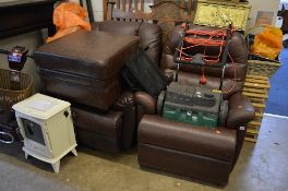 A BROWN LEATHER RECLINING ARMCHAIR, another leather reclining armchair (broken mechanism) and a