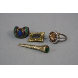 A VICTORIAN MOURNING BROOCH, gold pencil, two silver rings (4)