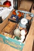A BOX OF COLLECTABLES, including ornamental eggs, treen bowls, boxed jug, clock in the form of a