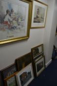 PRINTS, MIRROR AND PICTURES, a gilt framed bevel edge mirror, a painting of Fradley Junction