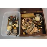 A BOX AND TUB OF MIXED COSTUME JEWELLERY, coins and wristwatches