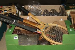TWO BOXES OF SUNDRIES AND GLASSWARE, to include green bowls, tennis rackets, carved tribal items
