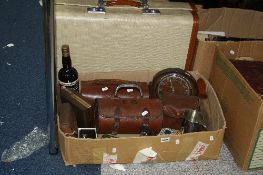 A BOX OF SUNDRIES AND A BOXED REVELATION SUITCASE, to include green bowls, cameras, etc