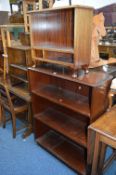 THREE VARIOUS OPEN BOOKCASES, oak gate leg table and a stool (5)