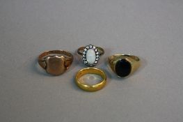 FOUR MIXED RINGS, 1 x 22ct (ring size k, approximate weight 6 grams) and three 9ct dress rings,