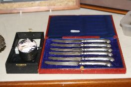 SIX SILVER TEA KNIVES, and silver napkin rings (boxed)