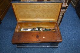 A PAINTED PINE TOOL CHEST, with fitted interior slides and contents including Stanley planers, drill