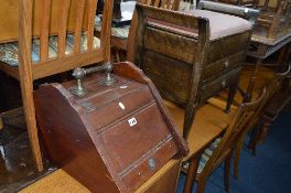 A MAHOGANY PURDONIUM, piano stool with drawers, a mahogany jardiniere stand and a sewing box (4)