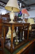 A METAL DEED BOX AND NINE VARIOUS TABLE LAMPS including a cut glass table lamp (10)