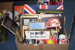 TWO BOXES AND LOOSE RECORDS, music memorabilia, to include Sex Pistols, 'The Clash', 'The Jam'