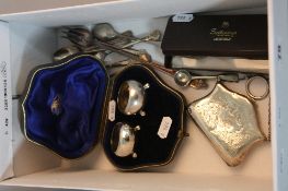 A GROUP LOT OF SILVER, including cased salts, silver purse and assorted spoons