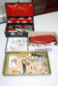 TWO BOXES AND TWO TRAYS OF MIXED COSTUME, including earrings, watches, old watch keys, etc