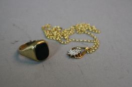 A 9CT SILVER RING, ring size M, together with a 9ct pendant on a 9ct chain, approximate total weight