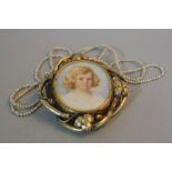 A VICTORIAN GOLD PORTRAIT MINIATURE BROOCH, together with a string of pearls (2)