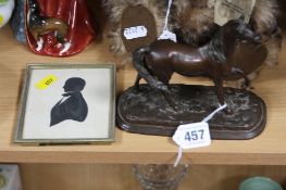 A SMALL BRONZE FIGURE OF A HORSE, approximate length 15cm x height 13cm, together with a framed