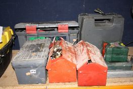 TWO PLASTIC AND TWO METAL TOOL BOXES, containing various hand tools and a boxed Draper mitre saw and