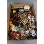 A BOX OF MIXED COSTUME JEWELLERY, etc