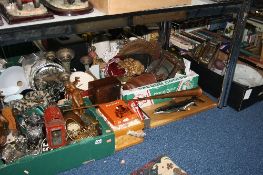 FOUR BOXES AND LOOSE SUNDRY ITEMS, to include glass shades, railway lamp, metalware, clock, etc