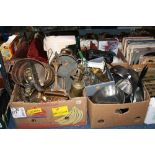 FOUR BOXES OF SUNDRIES, to include copper, brass, stainless steel, ceramics, cutlery, kitchen items,