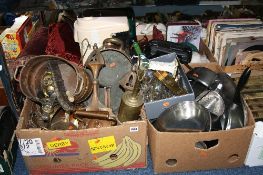 FOUR BOXES OF SUNDRIES, to include copper, brass, stainless steel, ceramics, cutlery, kitchen items,