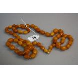 A DOUBLE STRING OF SIXTY SEVEN OLD AMBER BEADS, different shapes and sizes, approximate length 67cm,