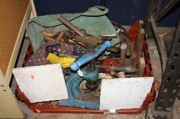 A PLASTIC CRATE CONTAINING VARIOUS VINTAGE HAND TOOLS, bench punch, etc
