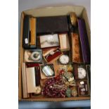 A MIXED LOT, to include silver pocket watch, silver vesta, fob and chain, wristwatches, costume