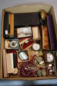 A MIXED LOT, to include silver pocket watch, silver vesta, fob and chain, wristwatches, costume