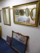 AN OAK FRAMED GYPSY MIRROR, and another wall mirror and a brass log box (3 A GILT FRAMED BEVELLED