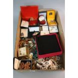 A BOX OF MIXED COSTUME JEWELLERY, etc