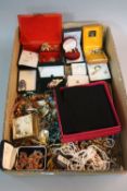 A BOX OF MIXED COSTUME JEWELLERY, etc
