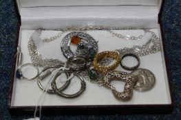 A BOX OF MIXED SILVER JEWELLERY, etc