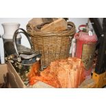 A QUANTITY OF MISCELLANEOUS, to include a vintage fire extinguisher, wicker basket with contents,