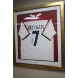 A FRAMED SIGNED ENGLAND NO 7 SHIRT, possibly Beckham