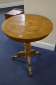 A 19TH CENTURY TRIPOD TABLE, in a marquetry design with a central chess board (sd)