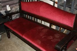 A LARGE STAINED PINE UPHOLSTERED BENCH, approximate size width 170cm x depth 59cm x height 107cm