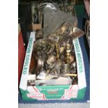 A BOX OF METALWARE CUTLERY ETC